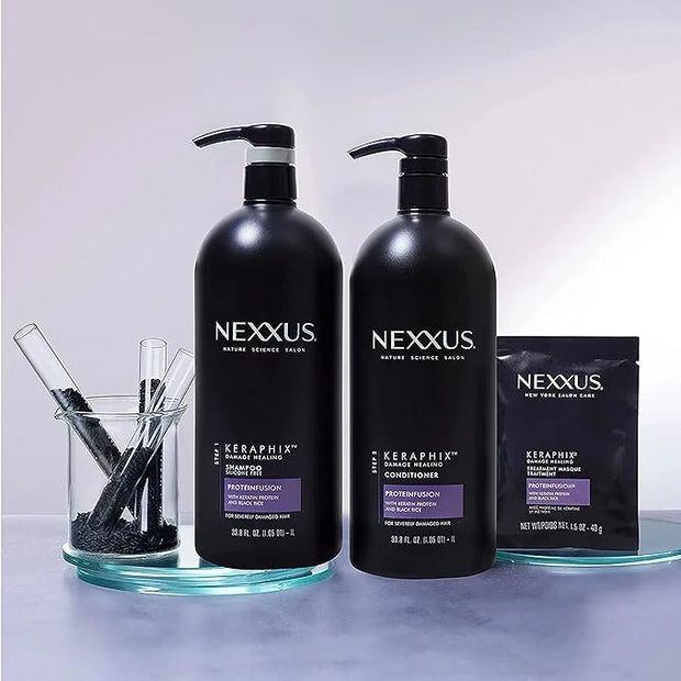 Nexxus Keraphix Shampoo and Conditioner - Damaged Hair Treatment System with Keratin Protein and Black Rice, 2 Count & 3 R...