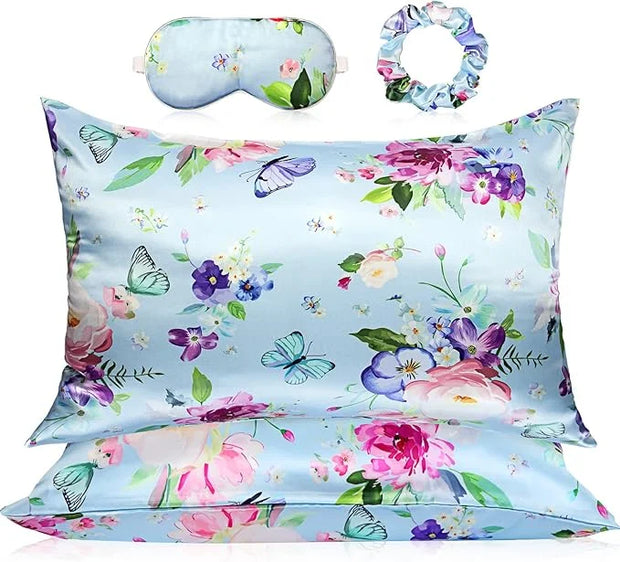 2 Pack Satin Pillowcase with Latent Zipper, Adjustable Satin Eye Mask for Sleeping and Satin Volume Scrunchie for Hair and...