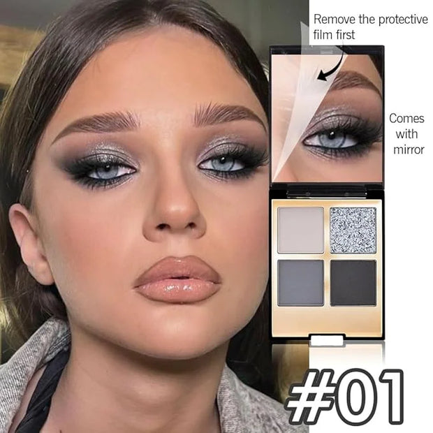 4 Colors Eyeshadow Makeup Palette,Black Gray Highly Pigmented Natural Neutral Nude Smoke Eye Shadow Palette with Mirror,Lo...