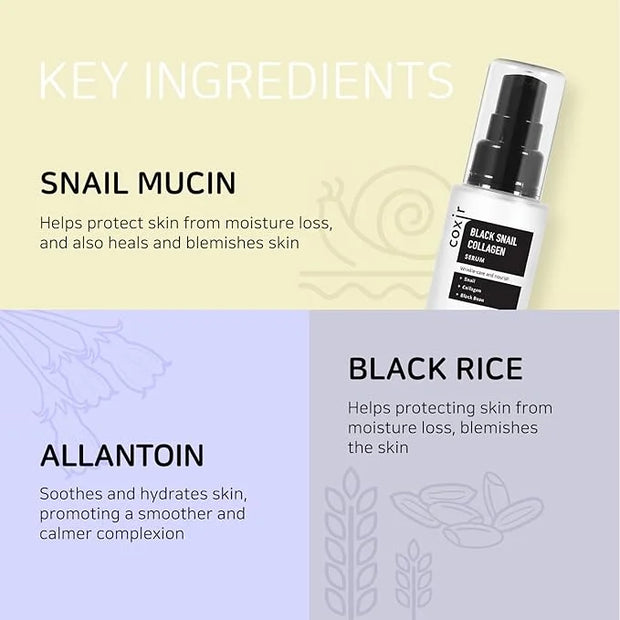coxir BLACK SNAIL GIFT SET | Birthday Gifts | Foam Cleanser+Serum+Cream | Black Rice, Snail Mucin, Collagen, Peptide | Fir...