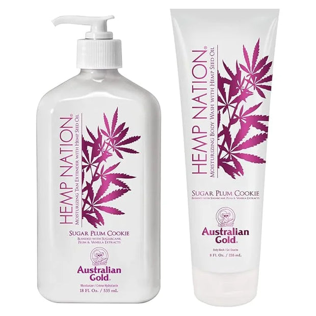 Australian Gold Hemp Nation Sugar Plum Cookie Bundle - Tan Extender Body Lotion (18 FL Oz) and Body Wash (8 FL Oz), Delect...