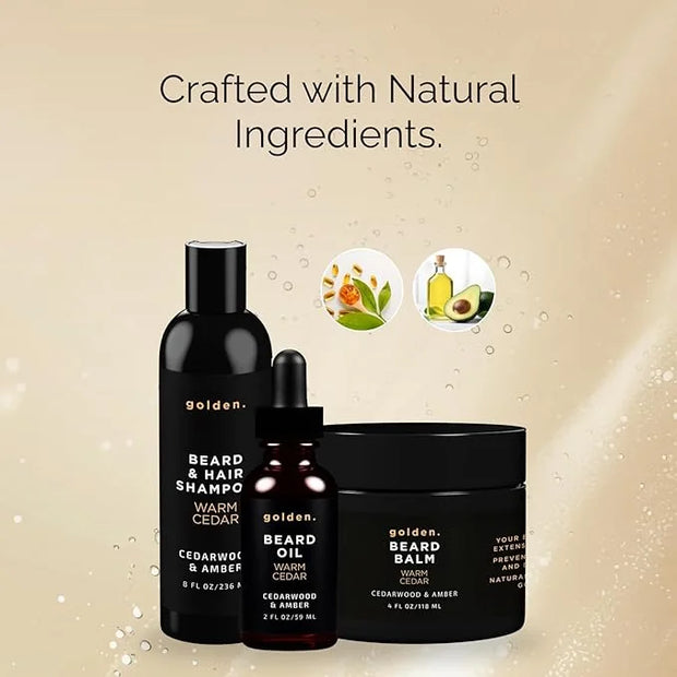 Golden Grooming Co. Everyday Beard Bundle – Complete Beard Care Set | Includes Beard Oil, Balm & Shampoo (XL, Warm Cedar) ...