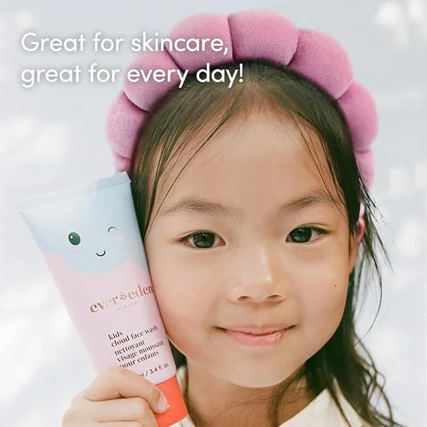 Evereden Kids Morning Skincare Set – Cloud Face Wash, SPF 20 Daily Face Cream, Hair Spray & Headband – 4-Piece Clean Routi...