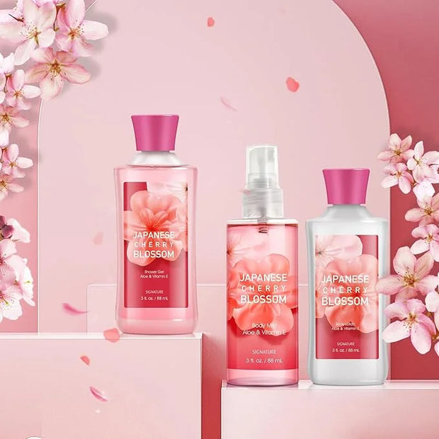 Bath Gift for Women and Girls, Japanese Cherry Blossom Spa Set With Natural Extracts, 3PCS Set - Shower Gel, Lotion, Mist,...