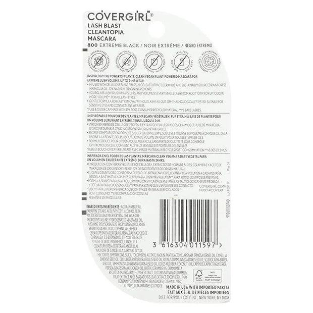 Covergirl Lash Blast Cleantopia Mascara, Volumizing, Smudge-Proof, Vegan Formula, Extreme Black 800, 1 Count - Product Image