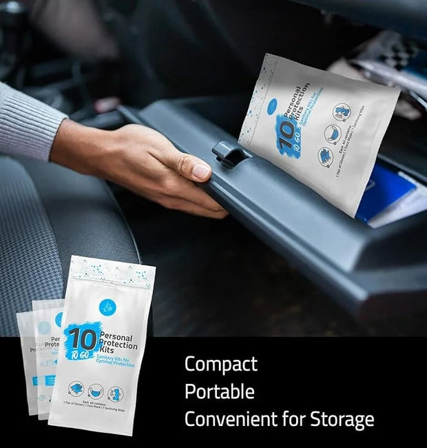 All-in-One Personal Protection Kits to GO - 10 Pack - With Plastic Gloves, Hand Cleansing Wipes, Disposable Face Mask - Pr...