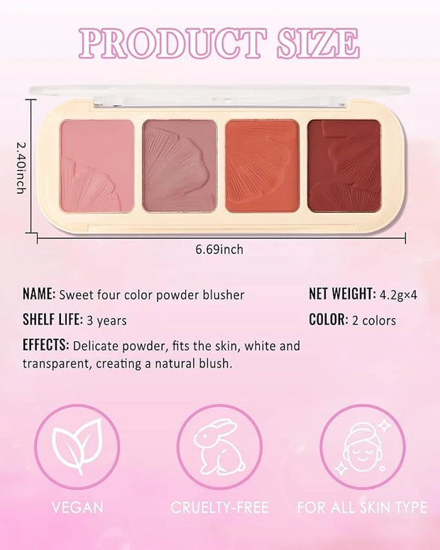 Matte Face Blush Palette Kit with Brush-4 Colors Pink Purple Orange Silky Mineral Blendable Blusher Contour Powder for Che...