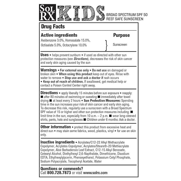 SolRX KID's SPORT Sunscreen SPF 50+ Oxybenzone Free Sunscreen, Reef Safe Sunscreen for Face and Body, Won't Run Into Eyes