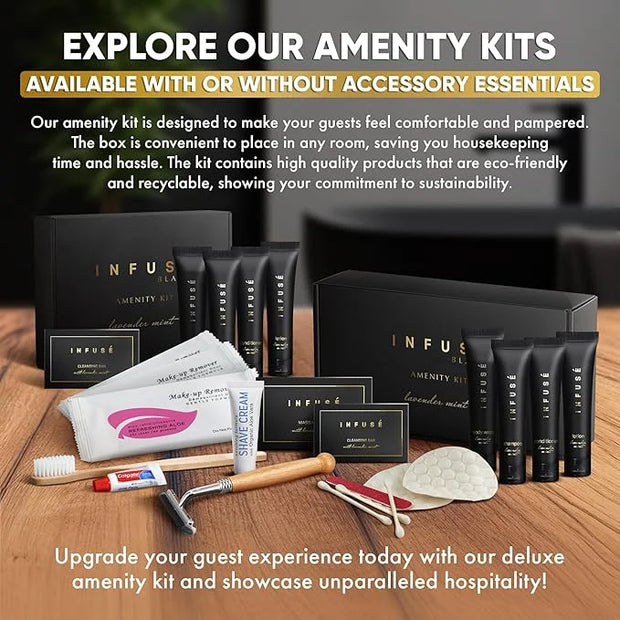 Infuse Black Amenity & Accessory Kit | 1 oz Travel Size Shampoo, Conditioner, Lotion, Body Wash, Body Bar, 2 Cleansing Bar...