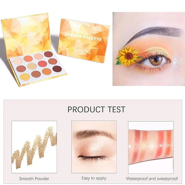 Glitter Matte Orange Yellow Eyeshadow Palette, 12 Colors Shimmer High Pigmented Eyeshadow Makeup Palette Lasting Waterproo...