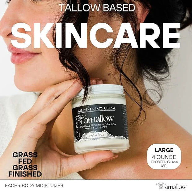 100% Grass Fed Beef Tallow for Skin Care - Face + Body - Whipped Moisturizer - Natural Lotion, 4 FL. oz. (Vanilla Lavender...