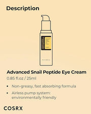 COSRX Snail Mucin Peptide Under Eye Cream, 0.84 fl oz, 73.7% Snail Mucin and Niacinamide, Eye Care, Eye Cream Anti Aging, ...