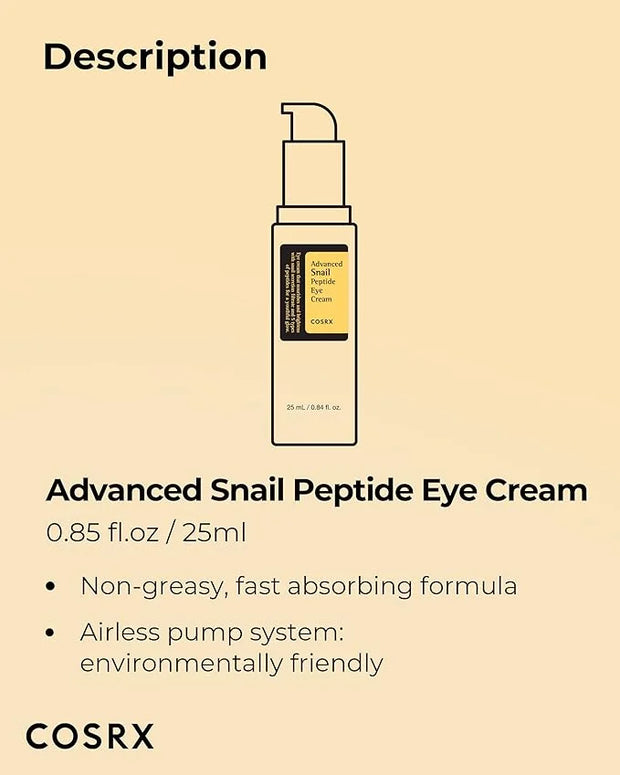 COSRX Snail Mucin Peptide Under Eye Cream, 0.84 fl oz, 73.7% Snail Mucin and Niacinamide, Eye Care, Eye Cream Anti Aging, ...