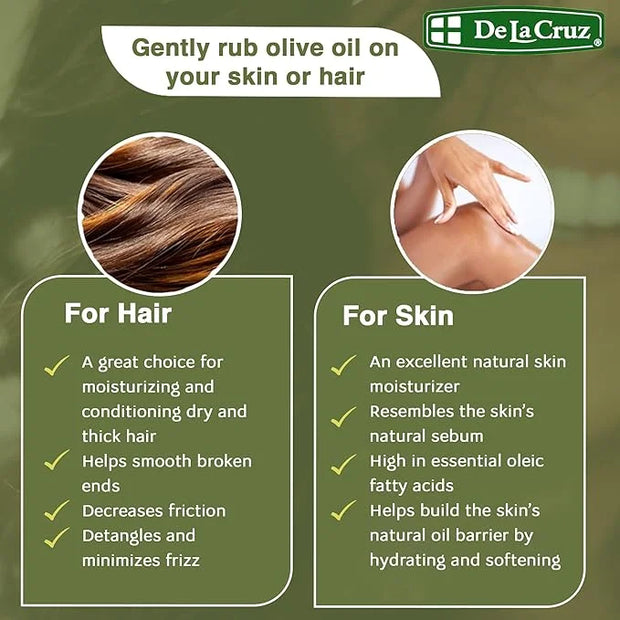 De La Cruz Pure Olive Oil - Natural Expeller Pressed Olive Oil for Hair and Skin - Lightweight Body Oil for Dry Skin 8 Fl ...