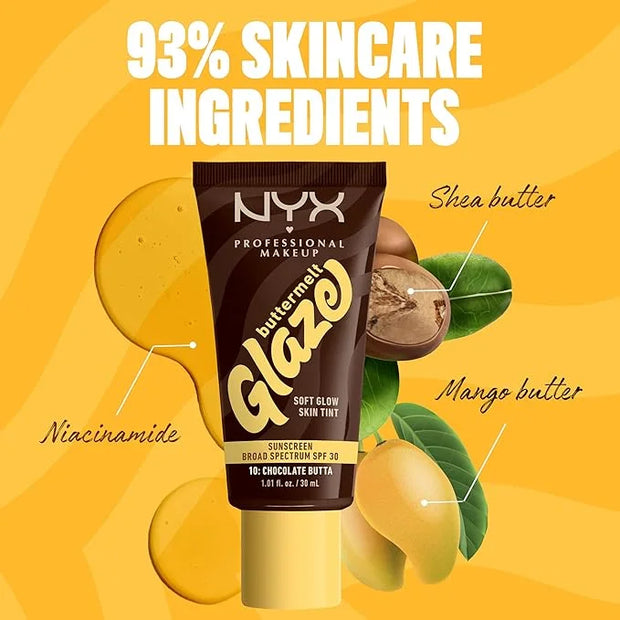 NYX PROFESSIONAL MAKEUP Buttermelt Glaze Soft Glow Skin Tint + SPF 30, Up To 12HR Wear, 10 Chocolate Butta - Product Image