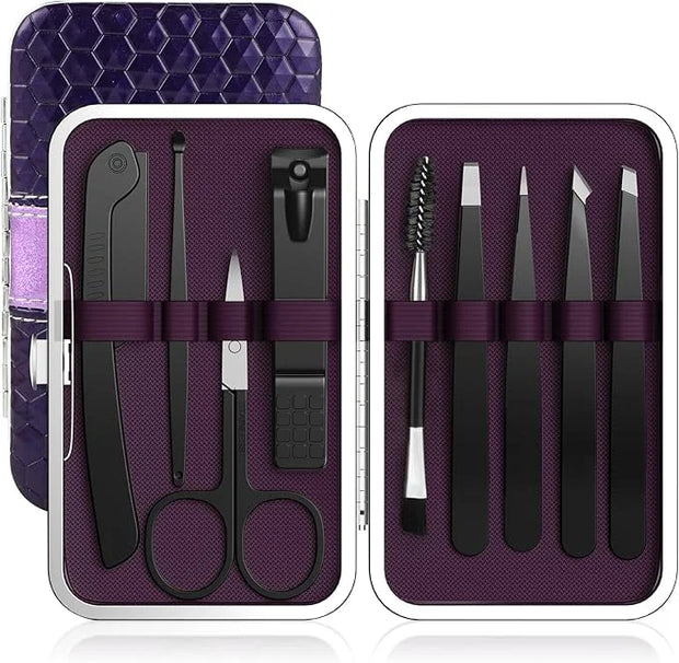 9PCS Tweezers Set for Facial Hair, Precision Tweezer for Eyebrows with Curved Scissor and Eyebrow Razor for Ingrown Hair a...