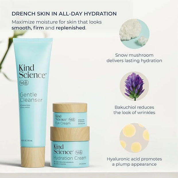 Kind Science 3-Piece Skin Care Set, Gentle Cleanser, Hydration Cream, Eye Cream - Essential Anti Aging Trio - Anti Aging S...
