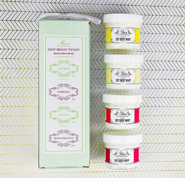 Body Whip Gift Set – 4 Scented Soy Body Cream Minis (2 oz Each) in Citrus, Crema, Poppy & Red Orchid – Hydrating, Formula ...