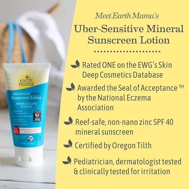 Earth Mama Uber-Sensitive Mineral Sunscreen Lotion SPF 40 | Reef Safe, Non-Nano Zinc, Contains Organic Colloidal Oatmeal |...