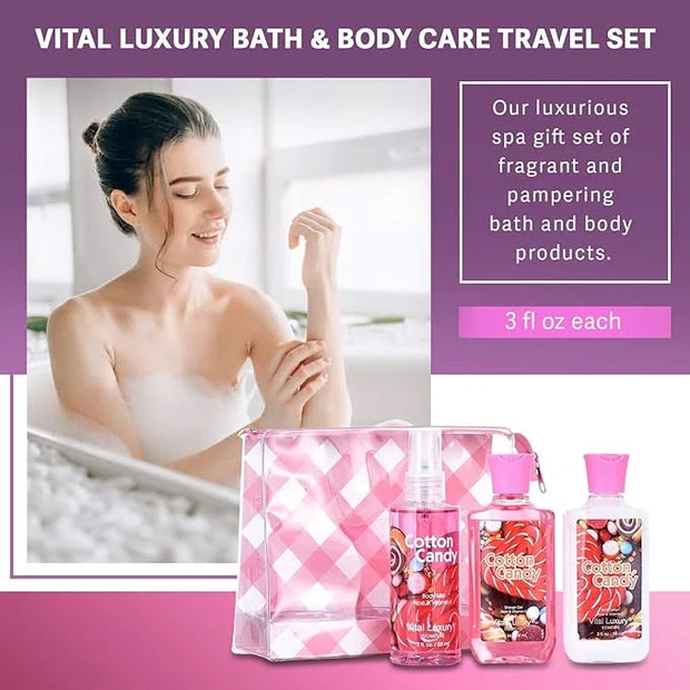 Cotton Candy Bath & Body Care Travel Set, Home Spa Gift Set Includes Body Lotion, Shower Gel, and Fragrance Mist, Personal...