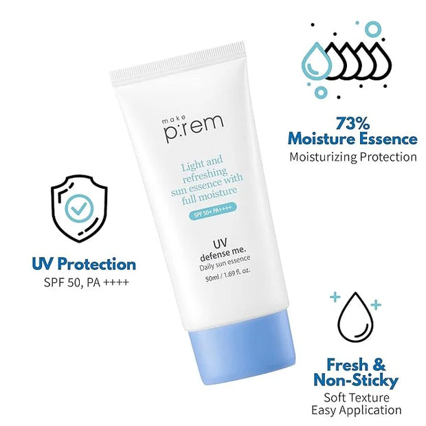 MAKEPREM UVA UVB Defense Me Daily Sun Essence VEGAN Makeup Sunscreen Gel SPF 50+ PA++++ 1.69 Fl Oz Reef-Safe Moisture Sunb...
