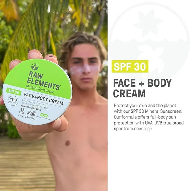 Raw Elements Face and Body Mineral Sunscreen SPF 30 Tin, Organic Sunblock Daily Protection, Non Toxic Reef Safe, Water Res...