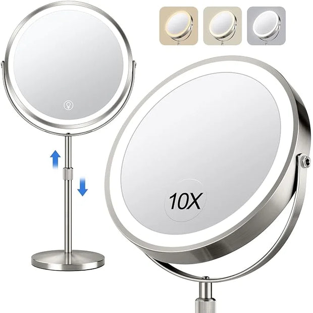 10x Large Lighted Makeup Mirror, Rechargeable 8" Height Adjustable Vanity Mirror, 1x/10x Magnifying Mirror with 3 Color, B...