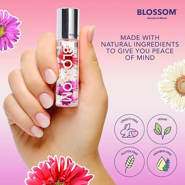 Blossom Roll on Lip Gloss, Scented Clear High Shine Moisturizing Lip Oil, Non Sticky, Infused with Real Flowers, Made in U...