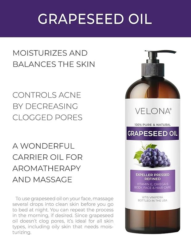 Grapeseed Oil by Velona - 32 fl oz | 100% Pure and Natural Carrier Oil | Refined, Cold Pressed | Cooking, Skin, Face, Body...