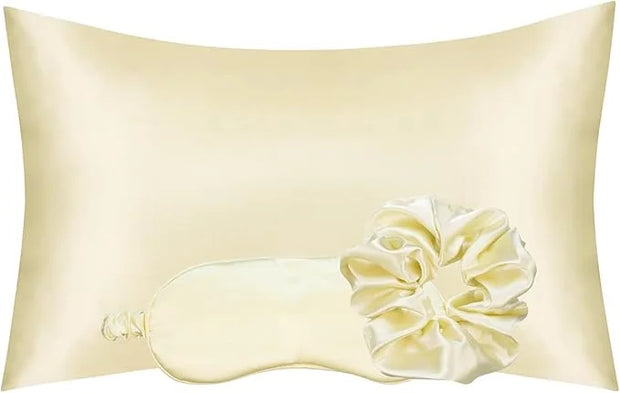 Vegan Silk Sleep Set, Silky Pillowcase with Large Scrunchie and Eye Mask for Hair and Skin, Self Care Essential Satin Nigh...