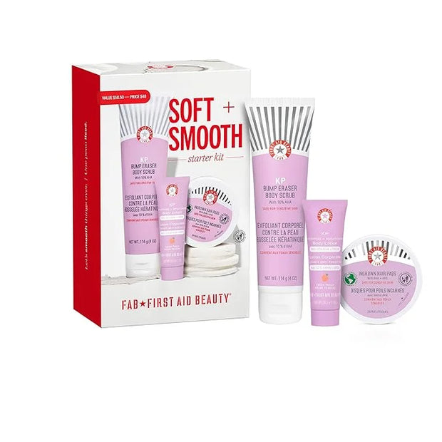 First Aid Beauty Soft + Smooth Starter Body Kit: KP Bump Eraser Body Scrub, 4 oz, Smoothing + Brightening Lotion (Peach), ...