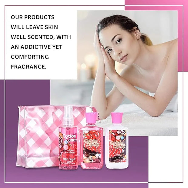 Cotton Candy Bath & Body Care Travel Set, Home Spa Gift Set Includes Body Lotion, Shower Gel, and Fragrance Mist, Personal...