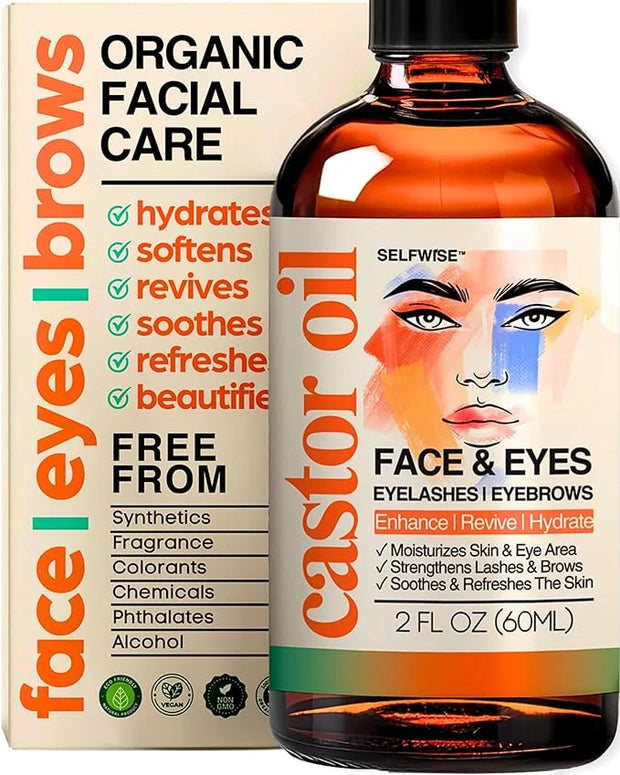 Organic Castor Oil For Face Moisturizer, Eyes, Eyelashes, Eyebrows, Wrinkles with Jojoba, Rosehip, Grapeseed, Squalane, Pa...