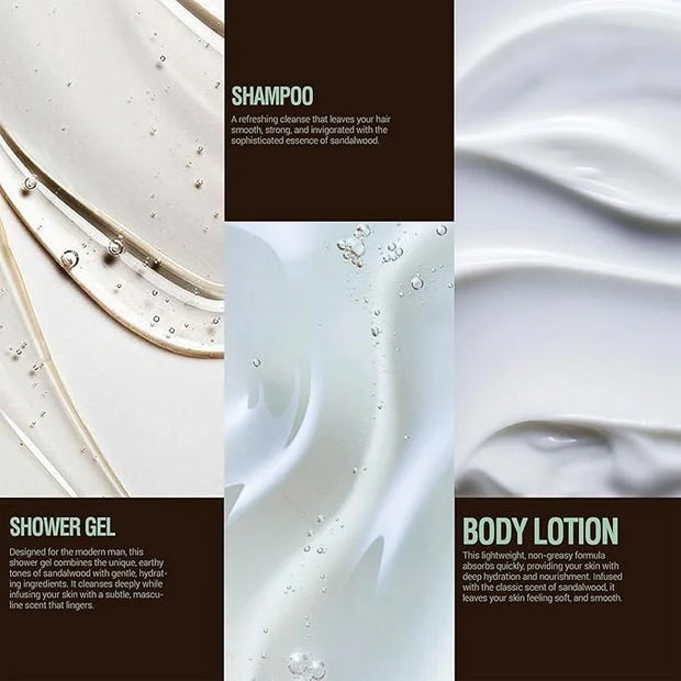 Sandalwood Men's Bath & Body Set - Shower Gel, Body Lotion, Shampoo - Self Care Gifts for Men - Product Image