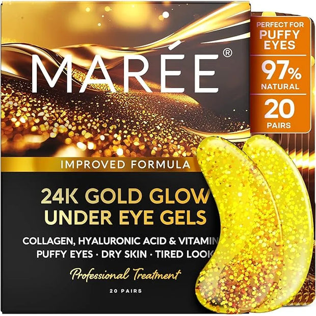 MAREE 24k Gold Under Eye Gels for Dark Circles and Puffiness - Collagen & Hyaluronic Acid Skincare Gel Pads - Gold Eye Pat...
