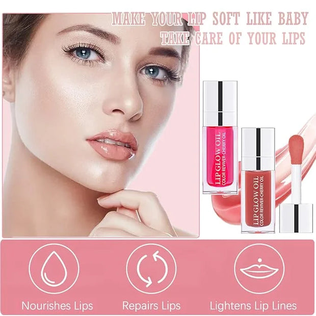2 Colors Hydrating Plumping Lip Glow Oil,Moisturizing Lip Oil Gloss Transparent Glossy Lip Gloss Primer Lip Tint for Lip C...