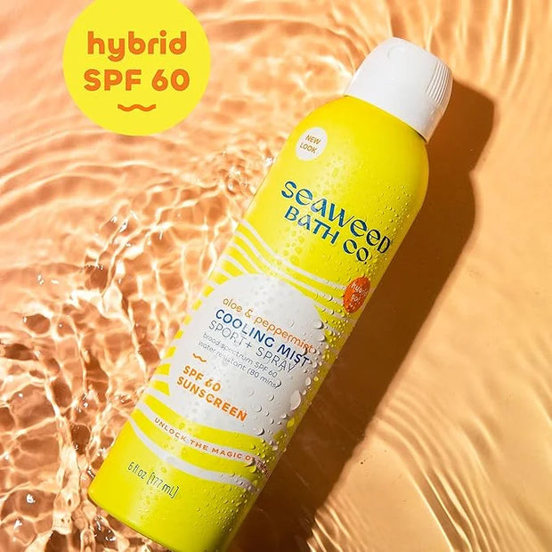 Seaweed Bath Co. Cooling Mist SPF 60 Sport Broad Spectrum Hybrid Sunscreen Spray, 6 Ounce, Sustainably Harvested Seaweed, ...