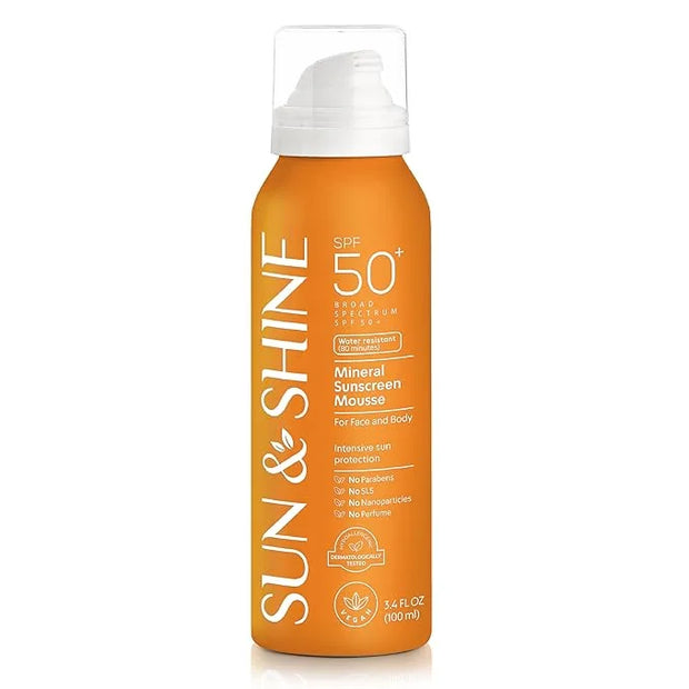 SUN & SHINE MINERAL SUNSCREEN MOUSSE: 100% mineral zinc oxide SPF50 Broad Spectrum UVA UVB, Face Body Protection, Sunburn ...