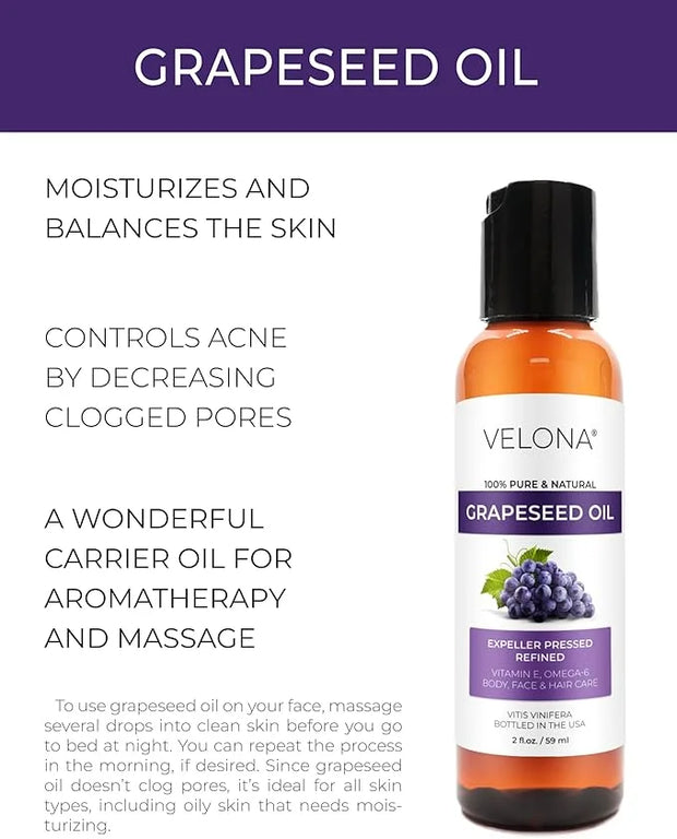 Grapeseed Oil by Velona - 2 fl oz | 100% Pure and Natural Carrier Oil | Refined, Cold Pressed | Cooking, Skin, Face, Body,...