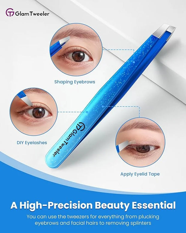 Expert Slant Tip Tweezers with Leather Travel Case, GlamTweeler Sharp & Precision Stainless Steel Tweezer for Eyebrows, Fa...