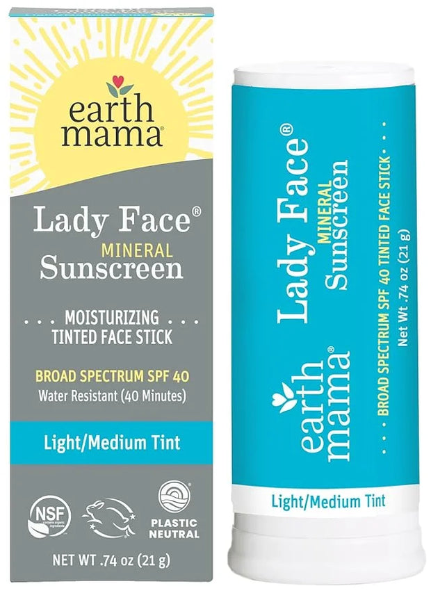 Earth Mama Lady Face® Tinted Mineral Sunscreen Face Stick SPF 40 Light/Medium Tint | Contains Organic Shea & Cocoa Butter ...