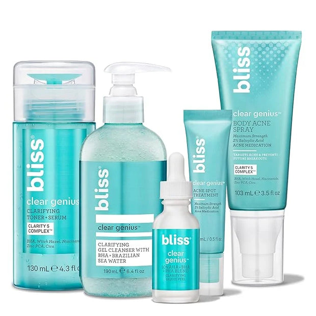 Bliss Acne-Prone Skin Bundle - Clear Genius Toner, Body Spray, Spot Treatment BHA Salicylic Acid and Clarifying Peel & Cle...