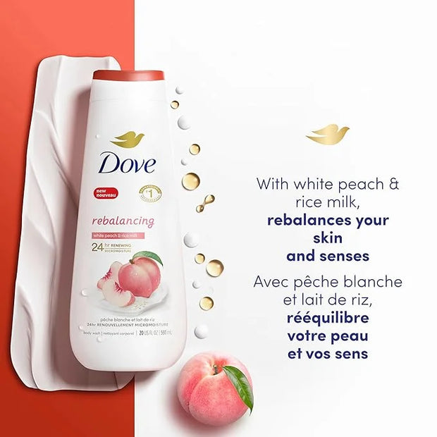 Dove Body Wash Rebalancing White Peach & Rice Milk, 4 Count for Renewed, Healthy Looking Skin, Moisturizing Gentle Skin Cl...