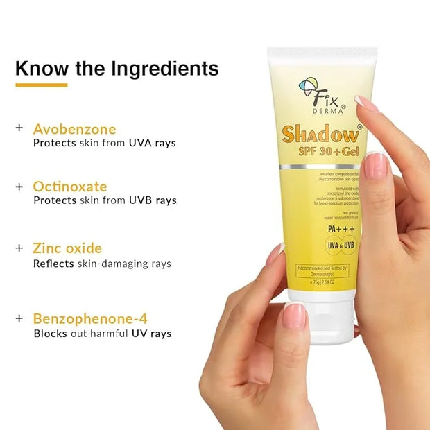Fixderma Shadow SPF 30+ Gel, Dermatologist tested Offers SPF 30 +, Broad Spectrum UVA and UVB Protection, Water resistant ...