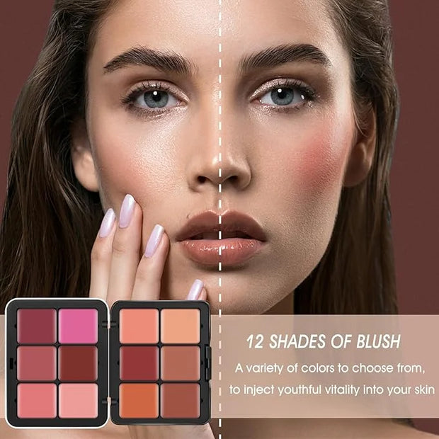 12 Colors Cream [Blush] Makeup Palette for Cheeks - All in One Blush Makeup Palette Kit with Brush, Natural Matte Long Wea...