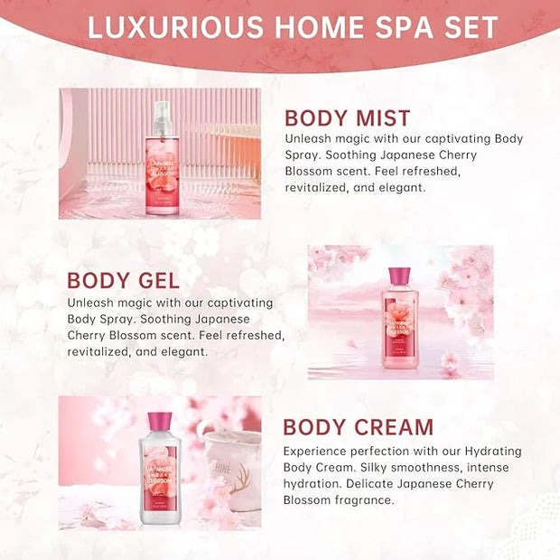 Bath Gift for Women and Girls, Japanese Cherry Blossom Spa Set With Natural Extracts, 3PCS Set - Shower Gel, Lotion, Mist,...