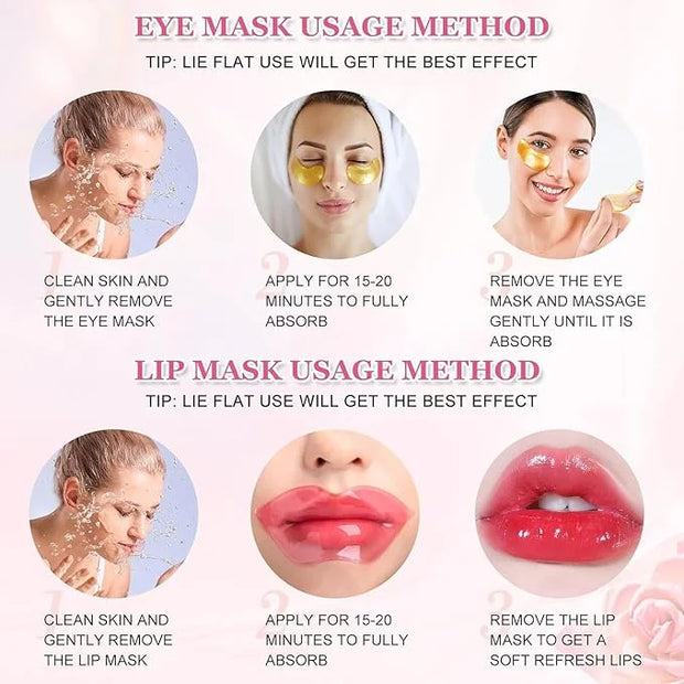 Gold Eye Mask And Pink Lip Mask,Natural Gel Eye Masks,Under Eye Gel Patches for Dark Circles,Eye Mask for Puffy Eyes,10 Pa...