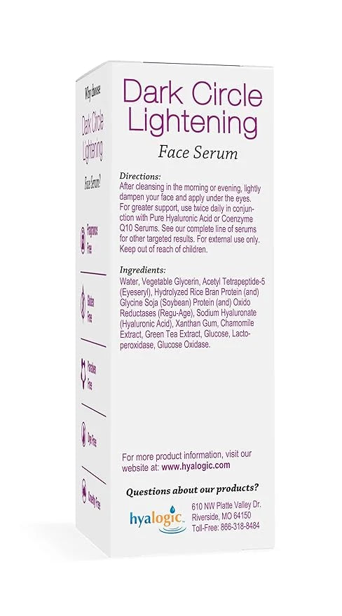 Hyalogic Dark Circle Lightening Face Serum - Treat Under Eye Dark Circles w/Hyaluronic Acid, Eveseryl & Regu-Age - Soothe,...