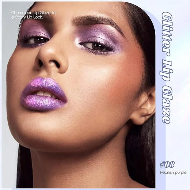 Purple Glitter Lip Gloss Liquid Lipstick, Diamond Shimmer Metallic Sparkly Iridescent Chameleon Lilac Lip Gloss Gift for W...
