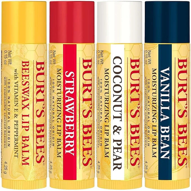 Burt's Bees Lip Balm, Beeswax, Strawberry, Coconut and Pear, and Vanilla Bean Pack, With Responsibly Sourced Beeswax, Tint...